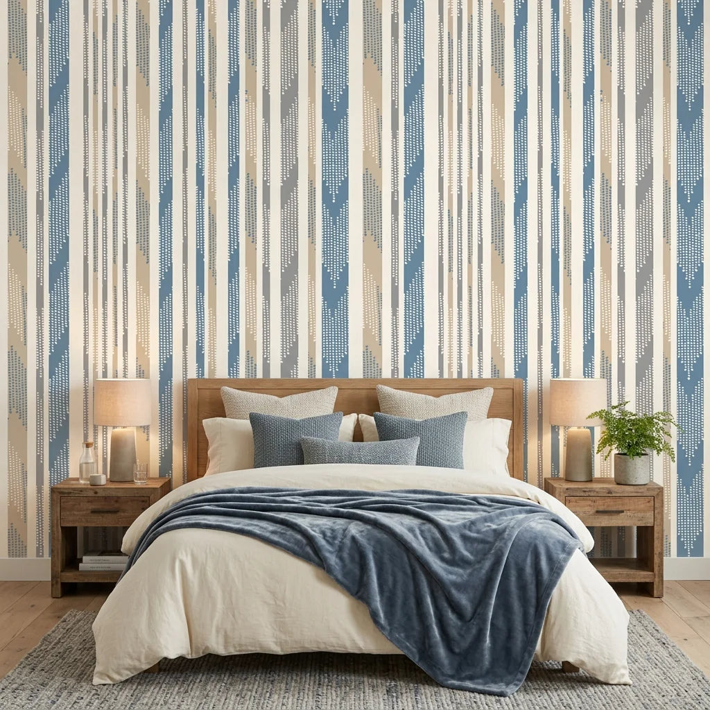 Seashore Dot blue and beige striped wallpaper adding character to a cozy bedroom
