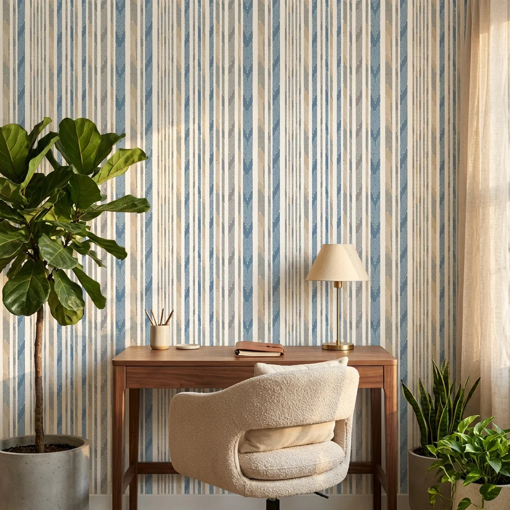Seashore Dot blue and beige striped wallpaper as a feature wall in a bright home office