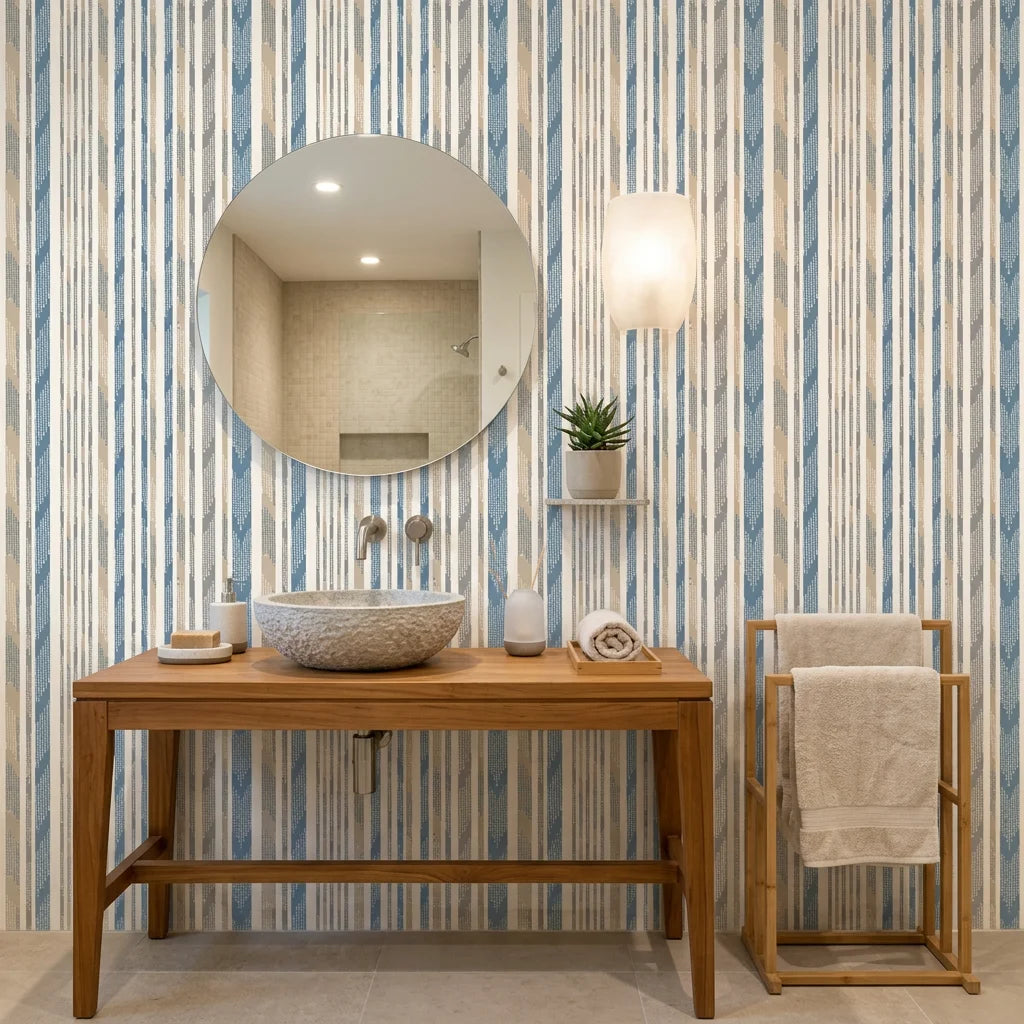 Seashore Dot blue and beige striped wallpaper creating ambiance in a serene bathroom