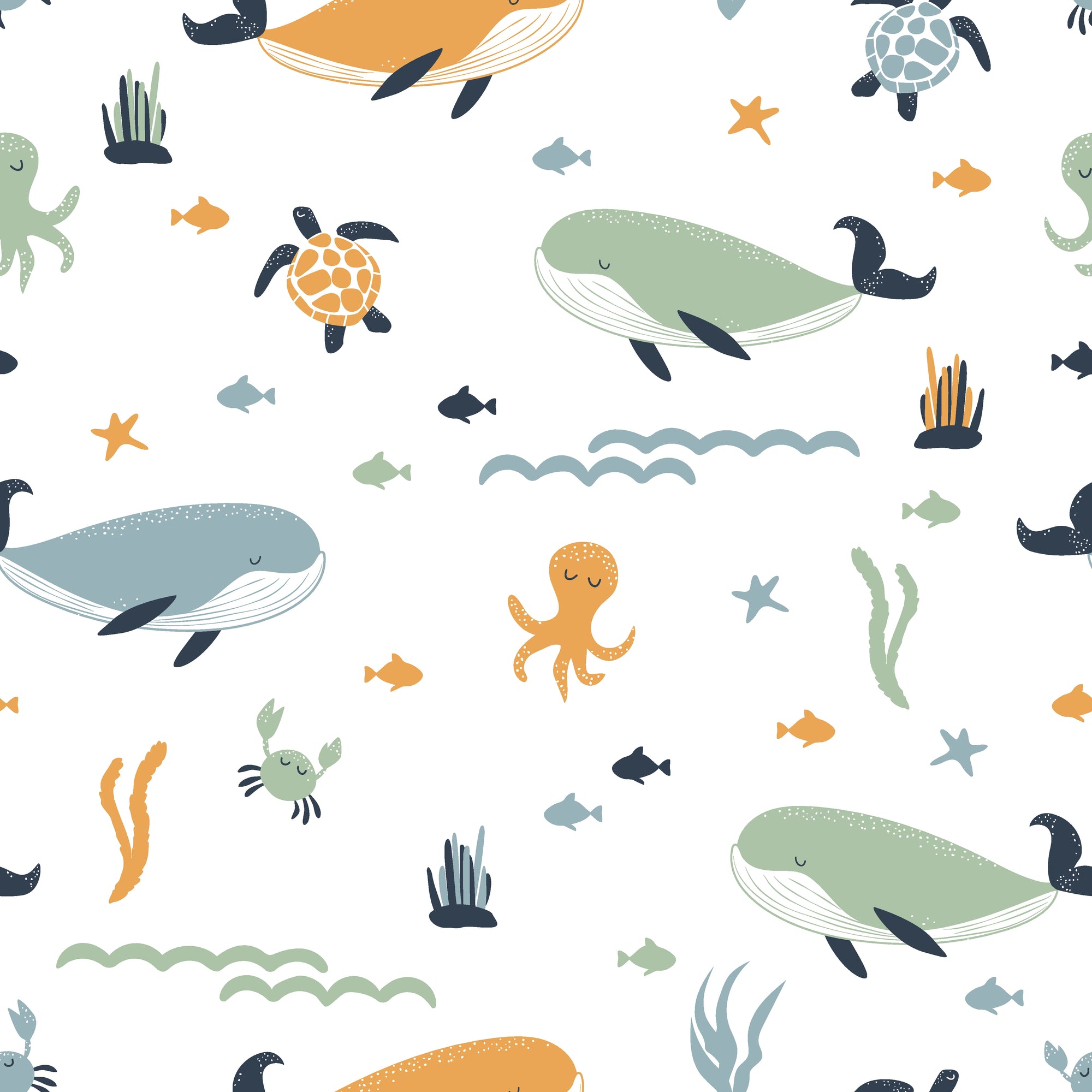 Smooth white ocean animal nursery peel and stick wallpaper - Seaside Play
