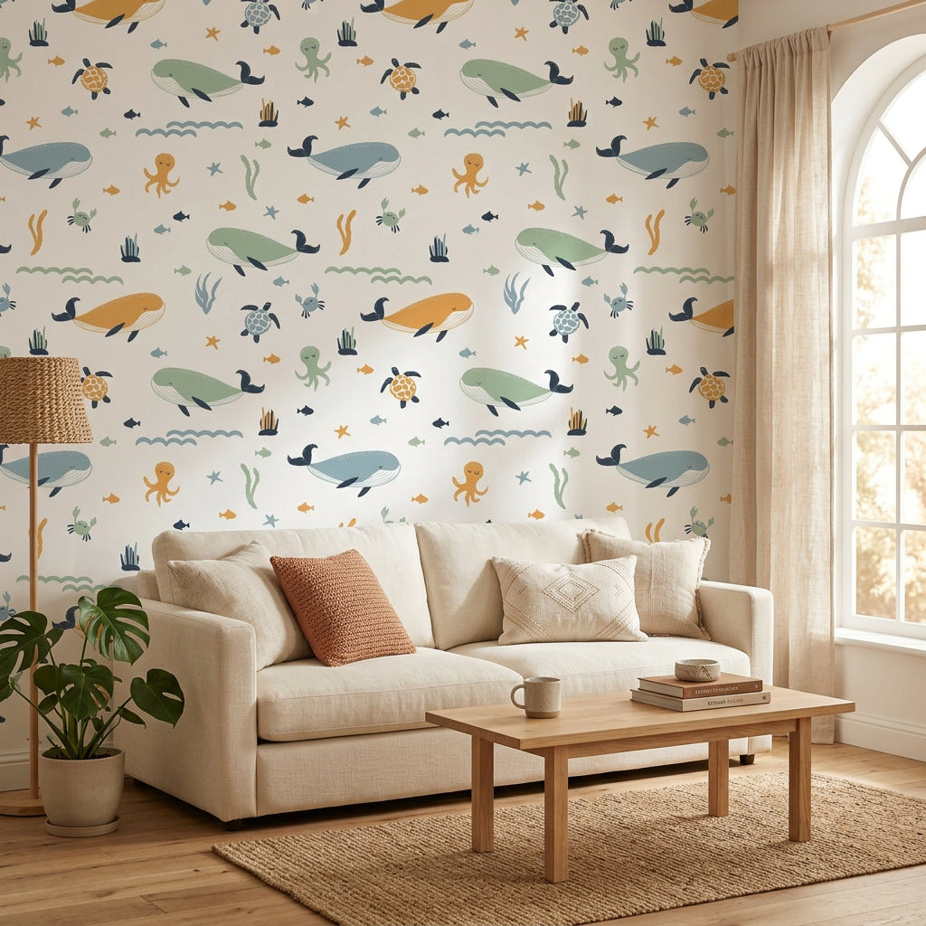 Seaside Play playful ocean nursery wallpaper in a warm and inviting living room