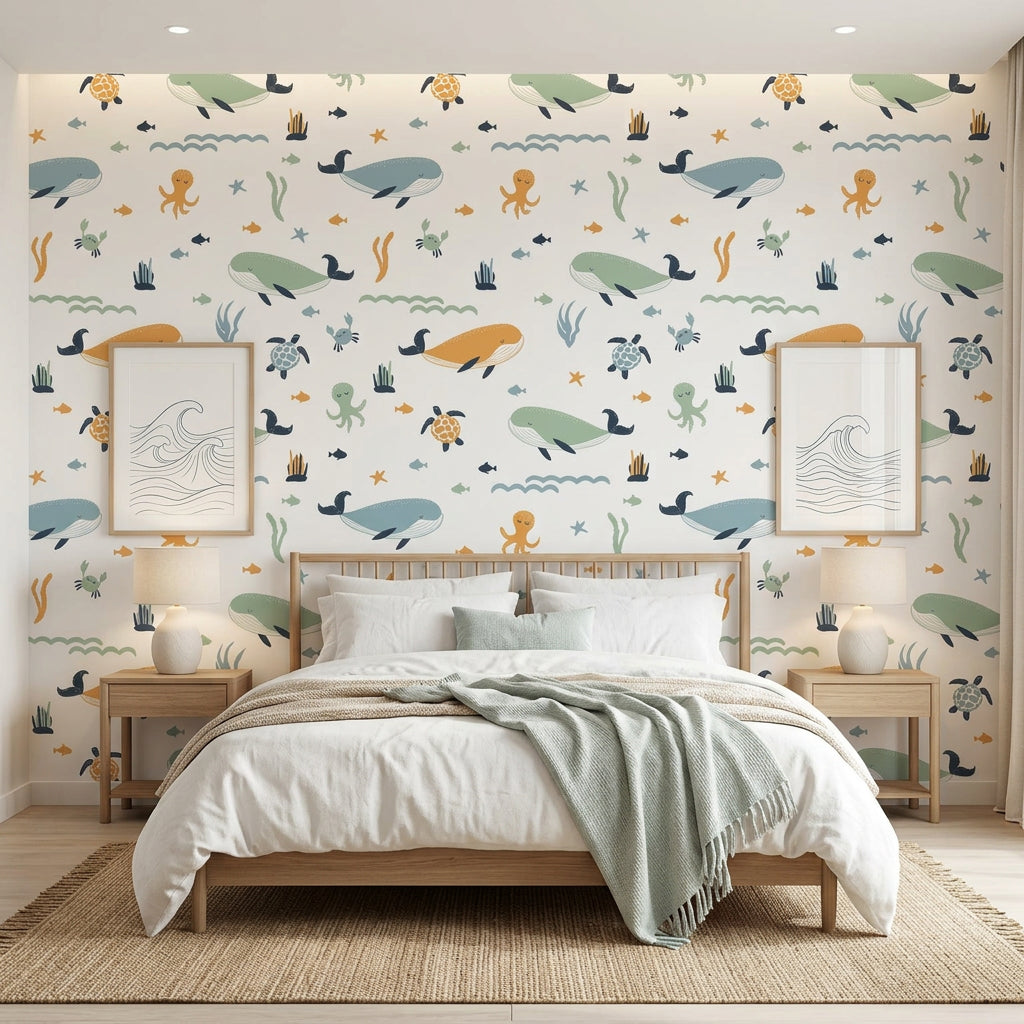 Seaside Play playful ocean nursery wallpaper adding character to a cozy bedroom
