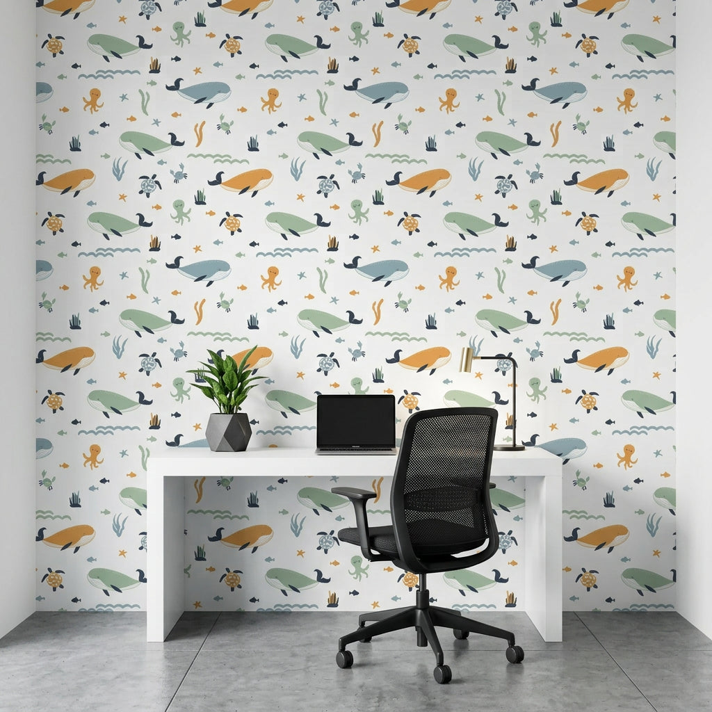 Seaside Play playful ocean nursery wallpaper as a feature wall in a bright home office