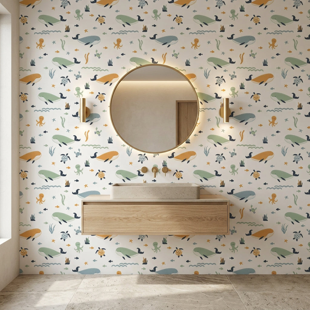 Seaside Play playful ocean nursery wallpaper creating ambiance in a serene bathroom