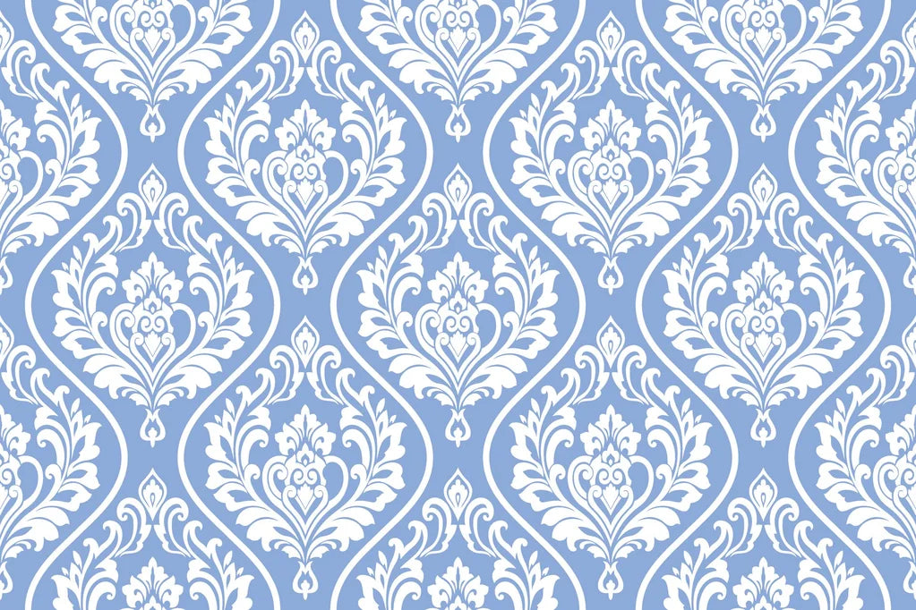 Traditional Secret Arbor wallpaper featuring ornate white damask motifs on soft periwinkle blue background