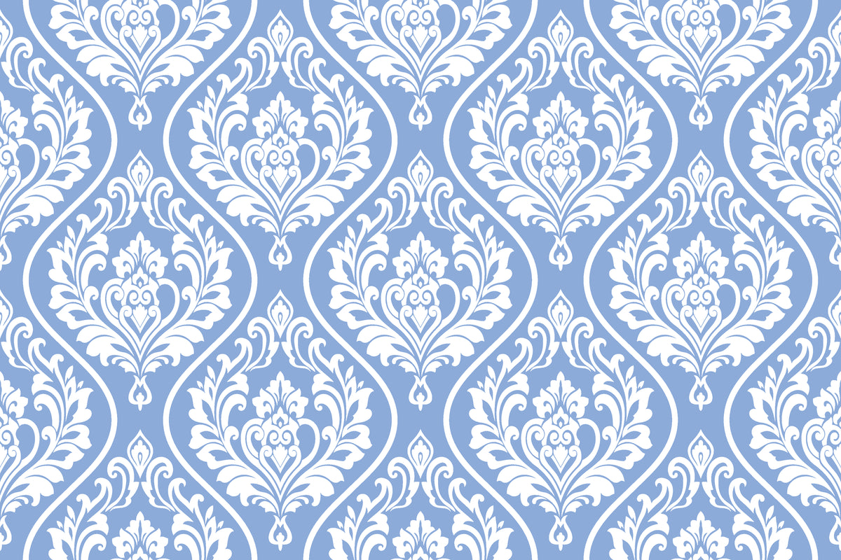 Traditional Secret Arbor wallpaper featuring ornate white damask motifs on soft periwinkle blue background