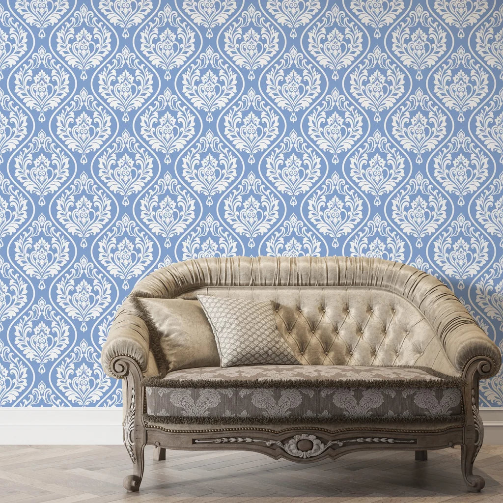 Secret Arbor removable wallpaper in blue and cream damask pattern on living room accent wall