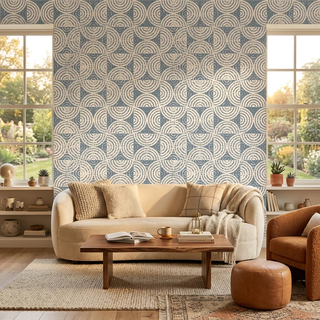 Semi Blue subtle blue textured minimalist design wallpaper in a warm and inviting living room