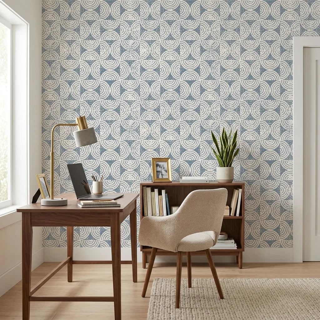 Semi Blue subtle blue textured minimalist design wallpaper as a feature wall in a bright home office