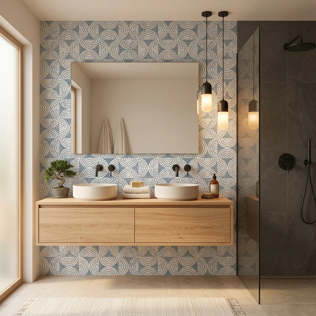 Semi Blue subtle blue textured minimalist design wallpaper creating ambiance in a serene bathroom