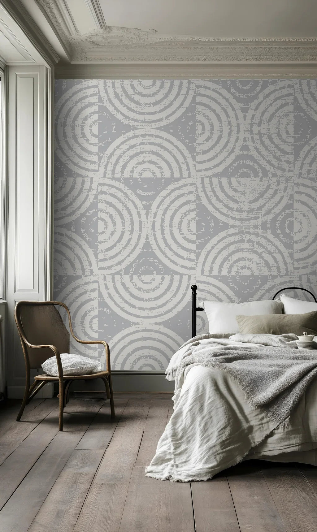 Grayish wallpaper pattern (detail 2) exhibiting gentle texture and a range of gray tones.