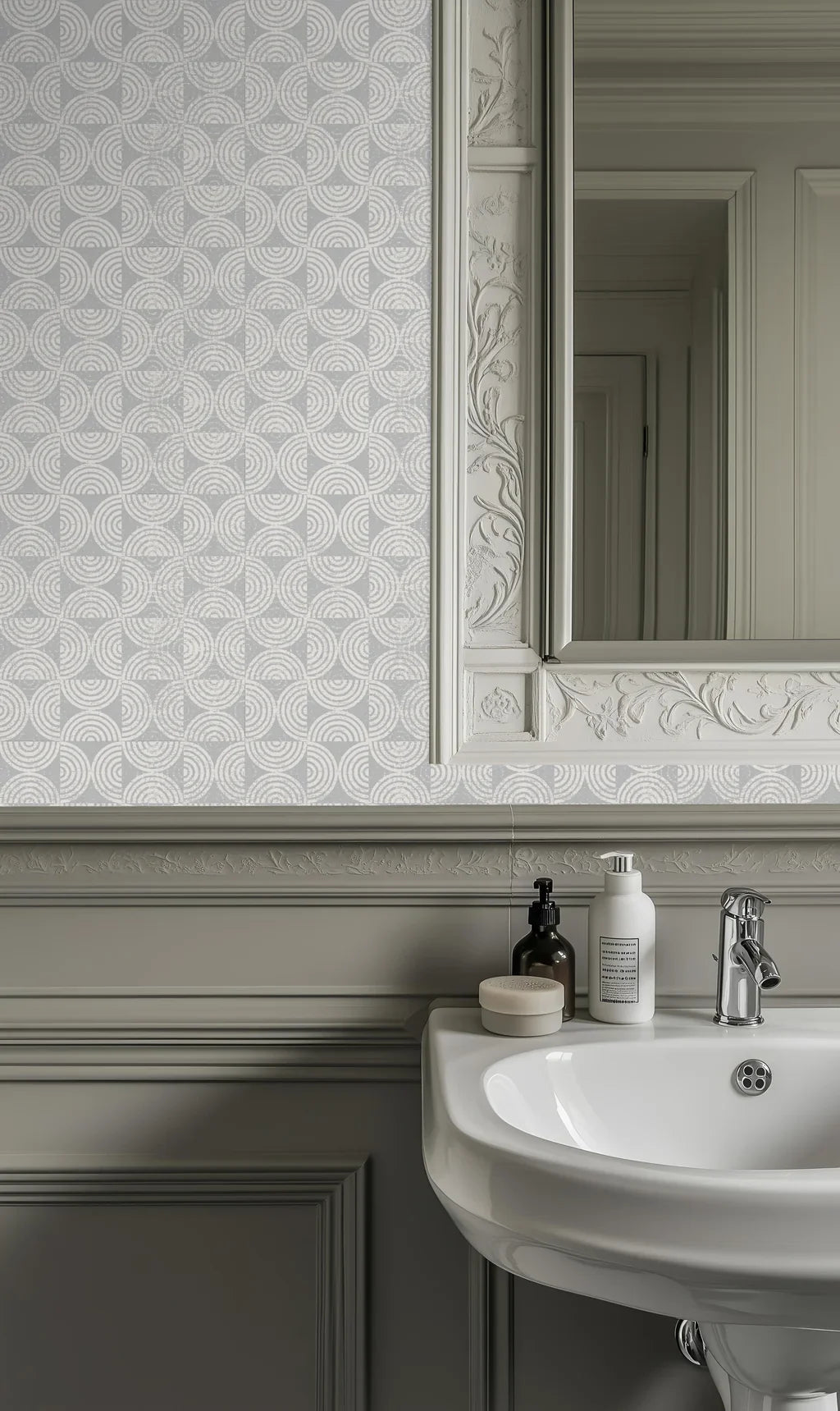 Detailed perspective of the gray patterned wallpaper, showcasing faint texture coupled with variations in shading