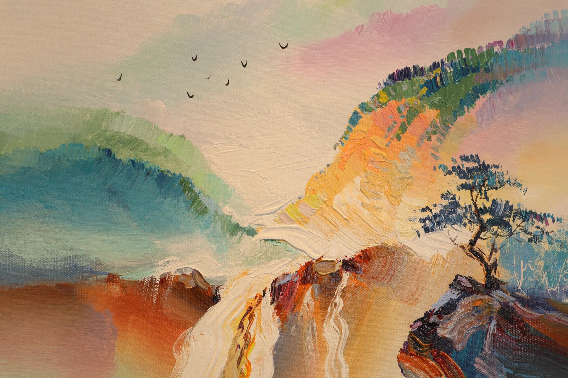 Sentinel & Falls colorful mountain waterfall landscape wallpaper creating ambiance in a serene bathroom