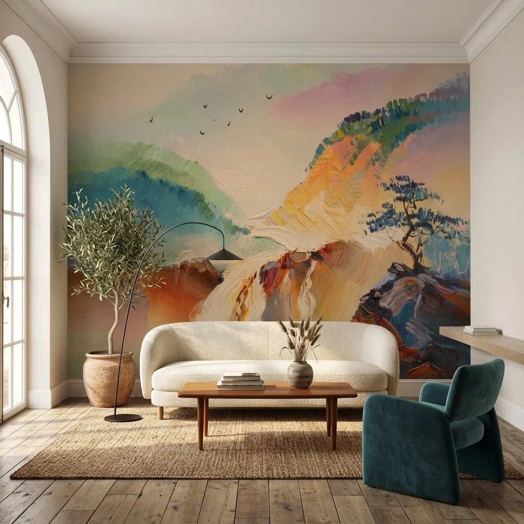 Canvas-like colorful mountain waterfall landscape peel and stick wallpaper - Sentinel & Falls