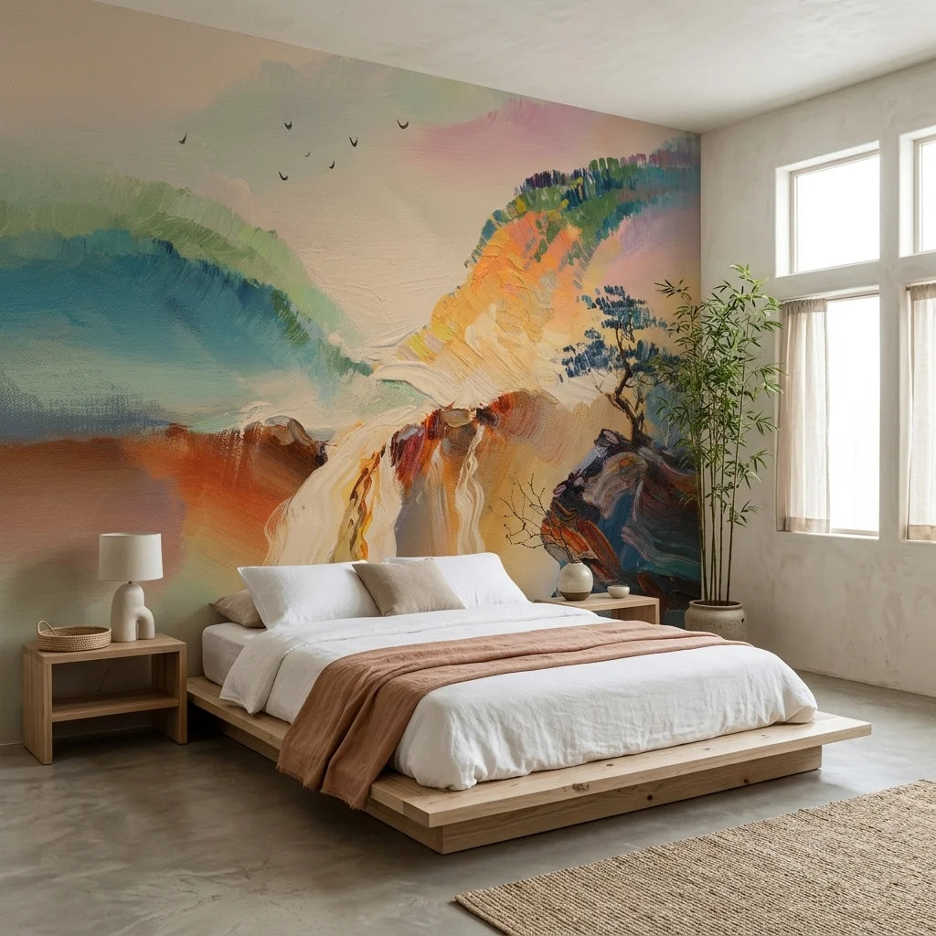 Sentinel & Falls colorful mountain waterfall landscape wallpaper in a warm and inviting living room