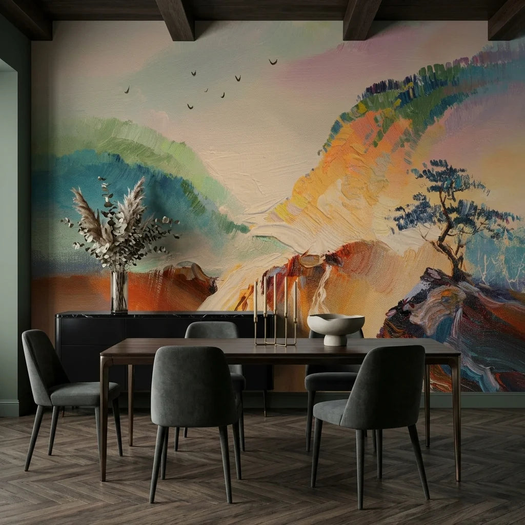 Sentinel & Falls colorful mountain waterfall landscape wallpaper adding character to a cozy bedroom