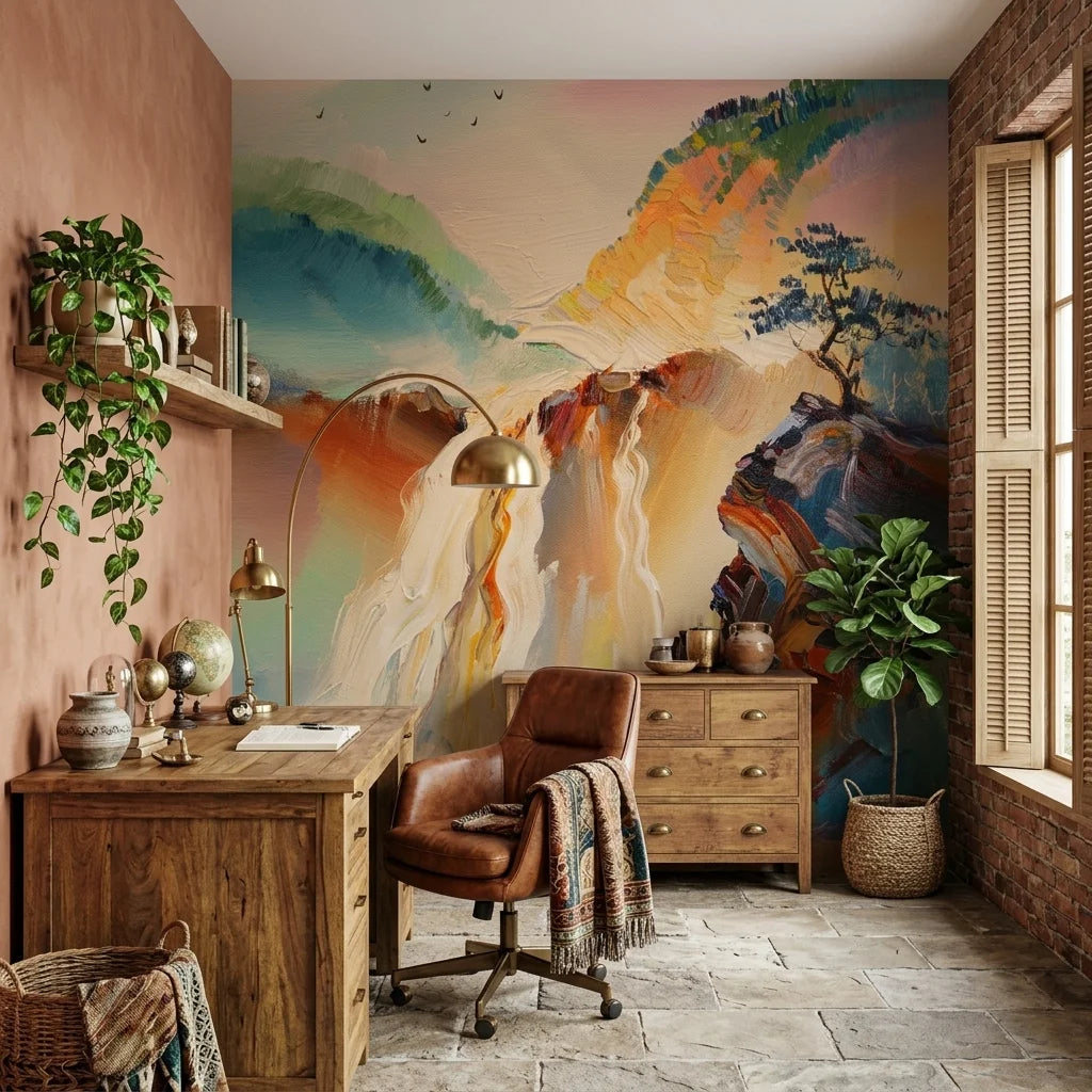 Sentinel & Falls colorful mountain waterfall landscape wallpaper as a feature wall in a bright home office