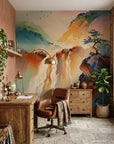 Sentinel & Falls colorful mountain waterfall landscape wallpaper as a feature wall in a bright home office