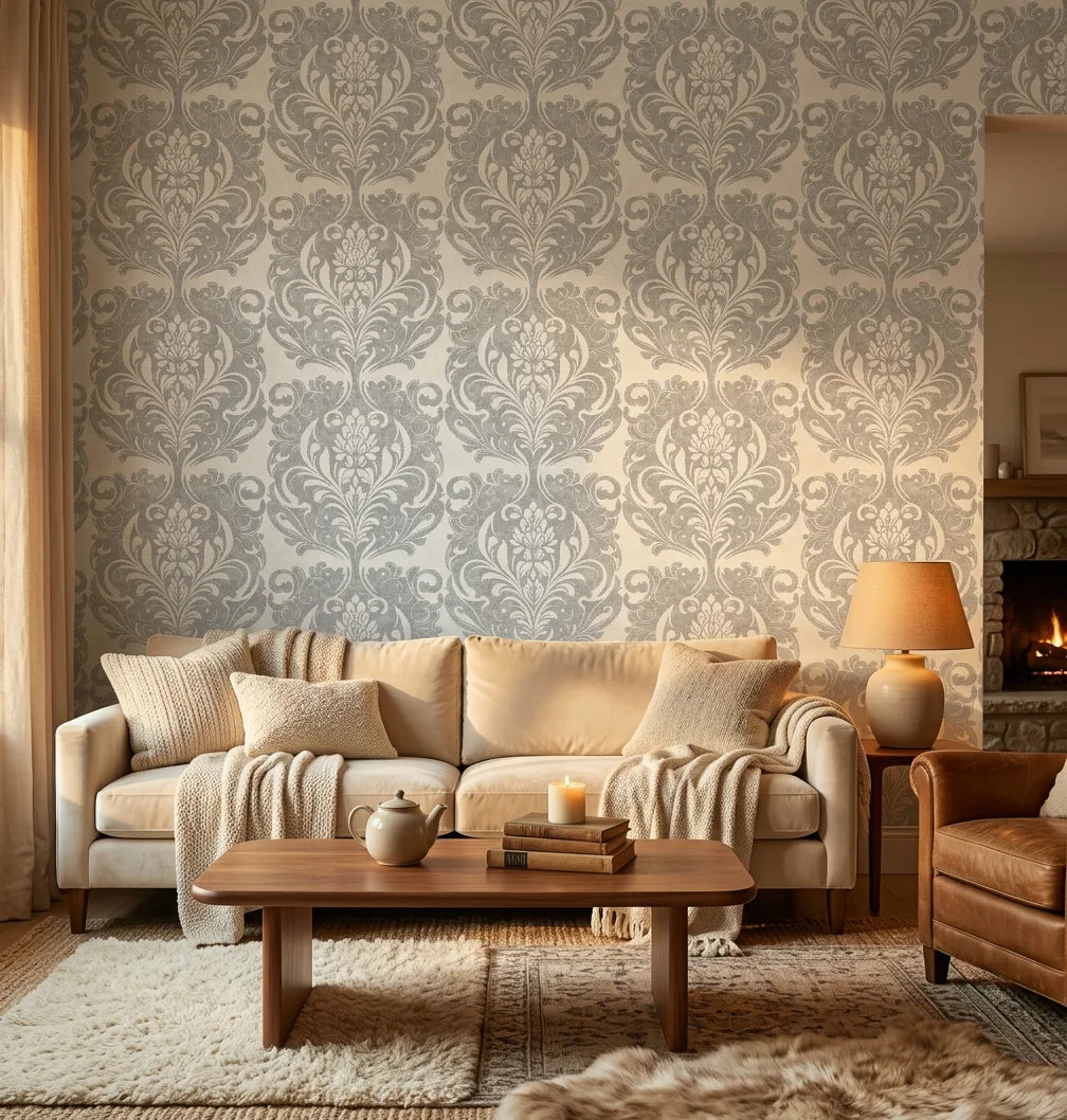 Serene Blossom soft grey damask wallpaper in a warm and inviting living room