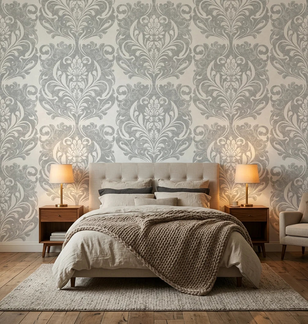 Serene Blossom soft grey damask wallpaper adding character to a cozy bedroom