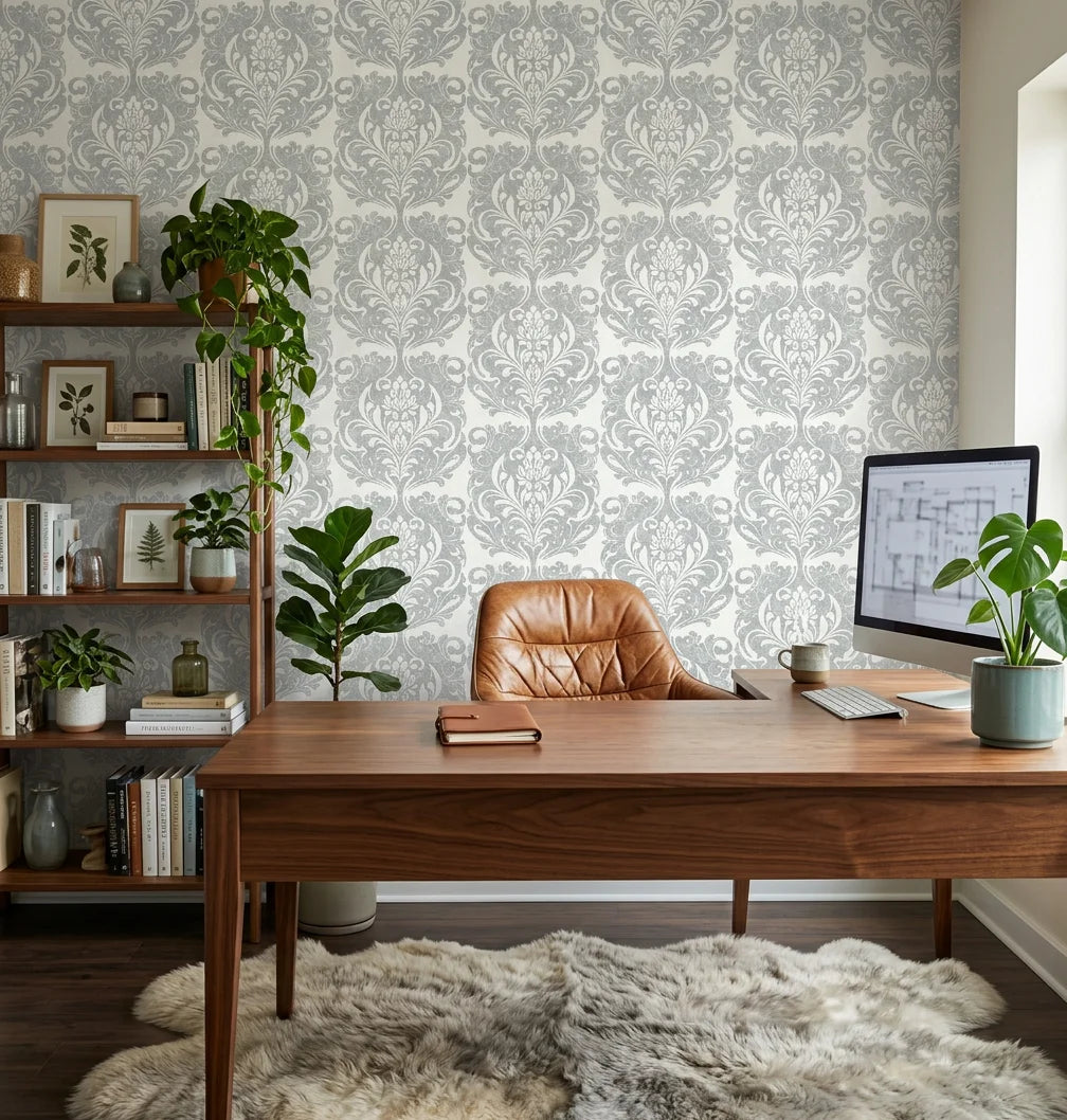 Serene Blossom soft grey damask wallpaper as a feature wall in a bright home office