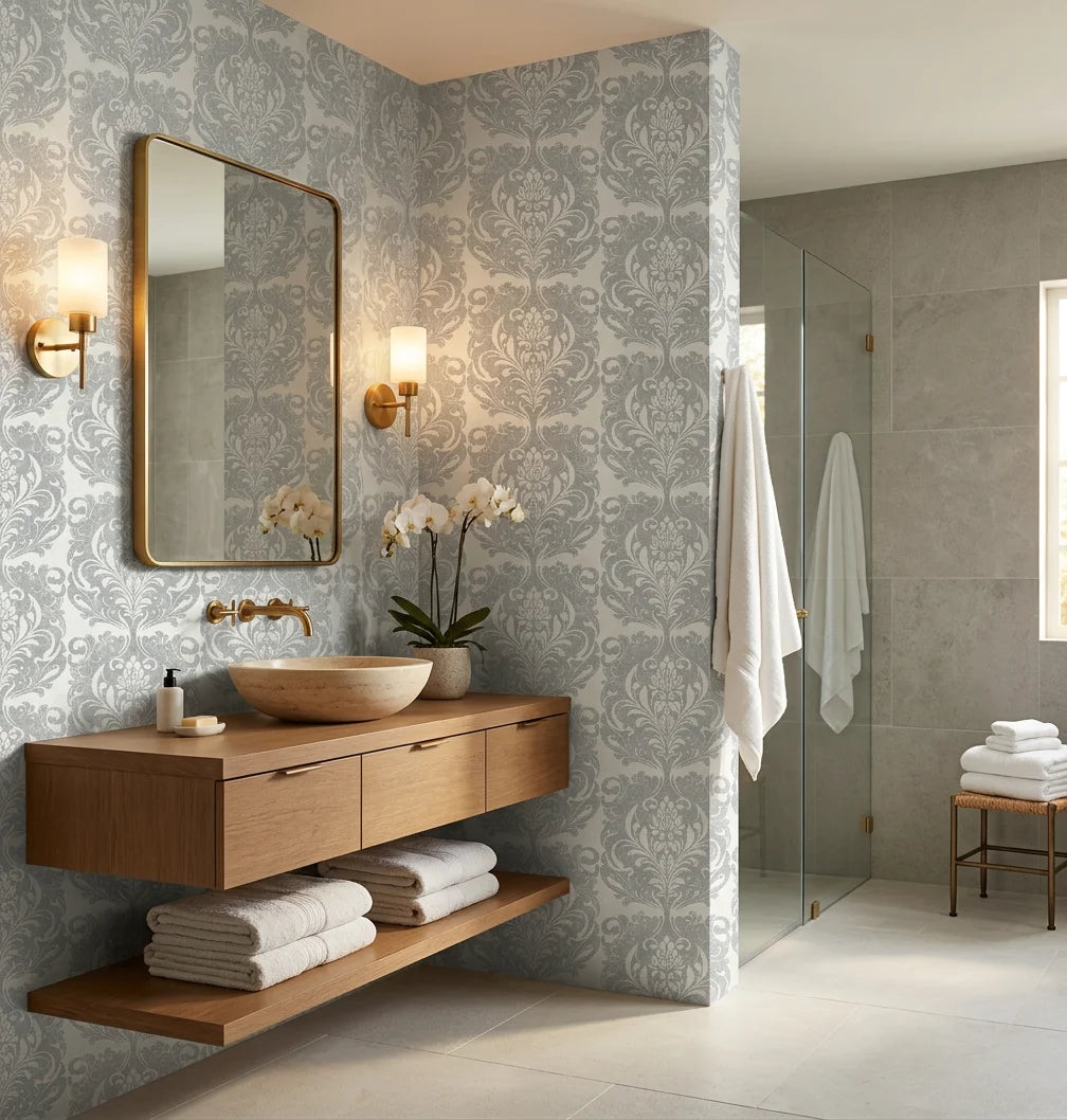 Serene Blossom soft grey damask wallpaper creating ambiance in a serene bathroom