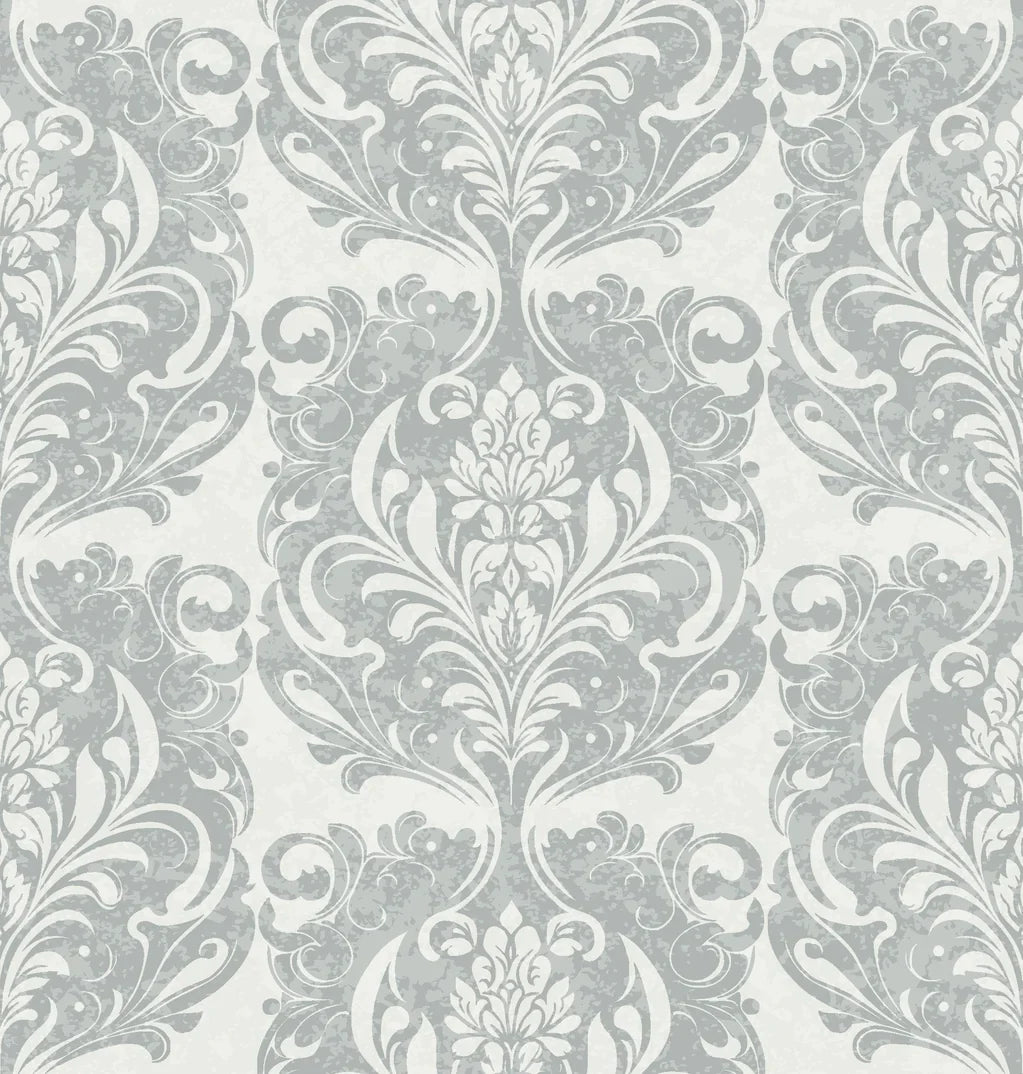 Classic gray and cream Serene Blossom damask wallpaper with ornate scrollwork and botanical motifs