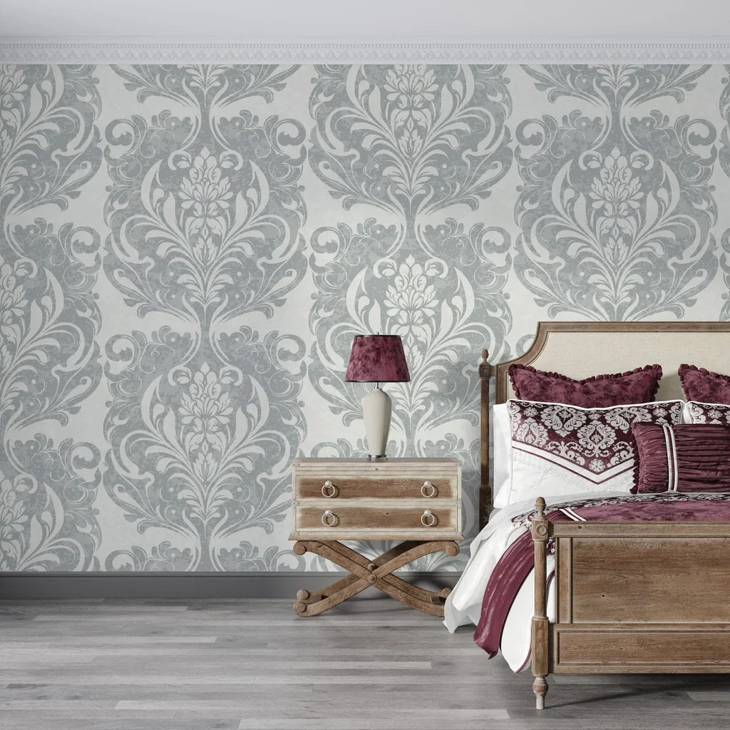 Gray and silver damask Serene Blossom wallpaper in elegant bedroom with vintage furniture
