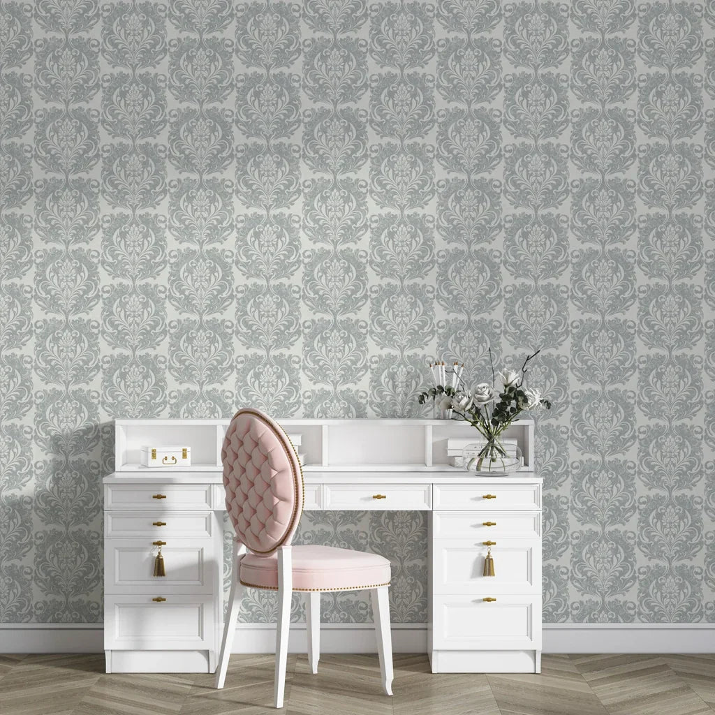 Gray and cream Serene Blossom damask wallpaper in elegant home office with white vanity desk