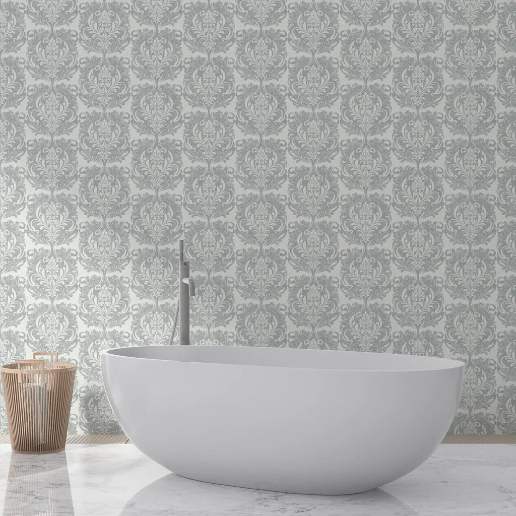 Silver and grey Serene Blossom damask wallpaper in elegant bathroom with freestanding tub