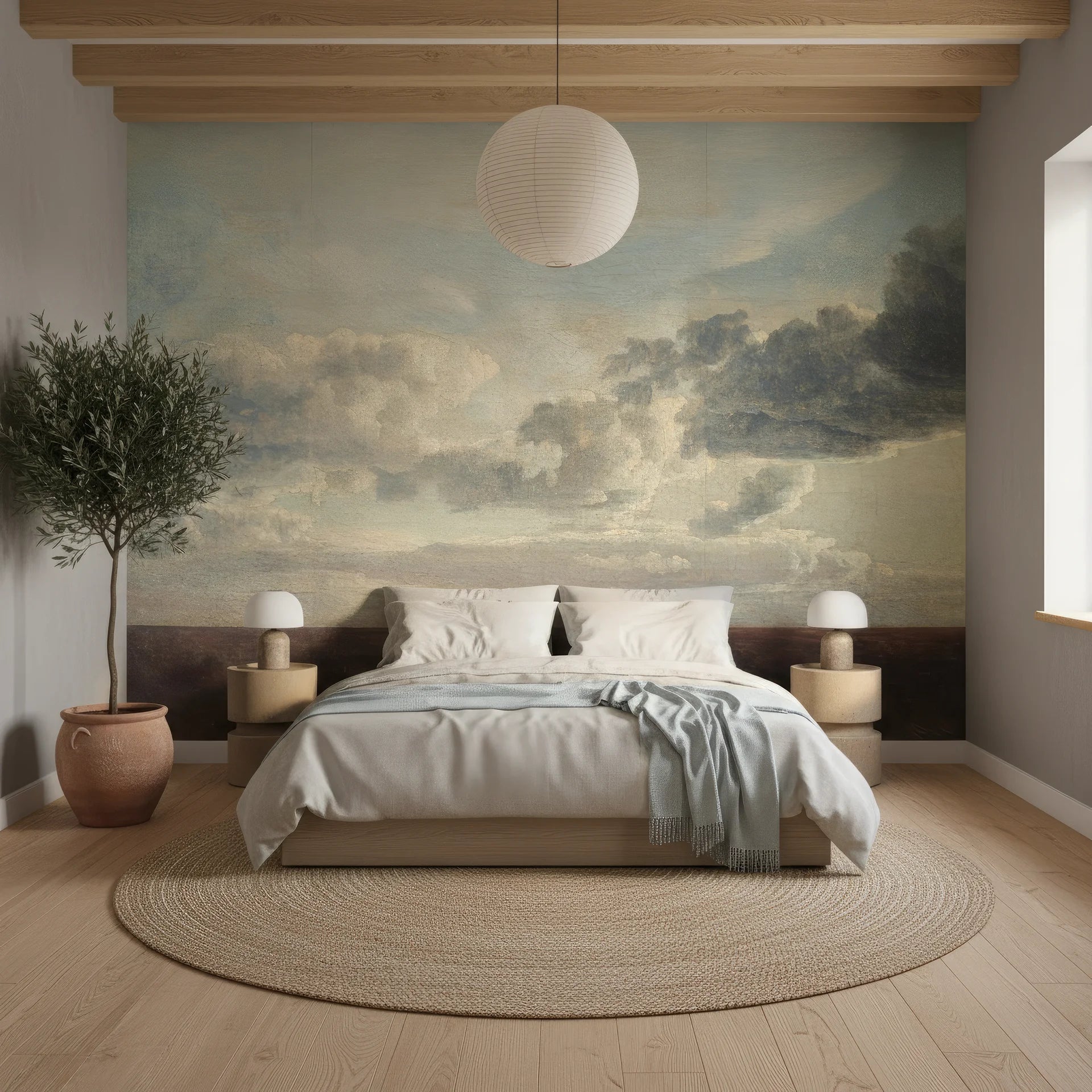 Shaded Grove cloud mural wallpaper in sage green and cream tones on modern bedroom accent wall