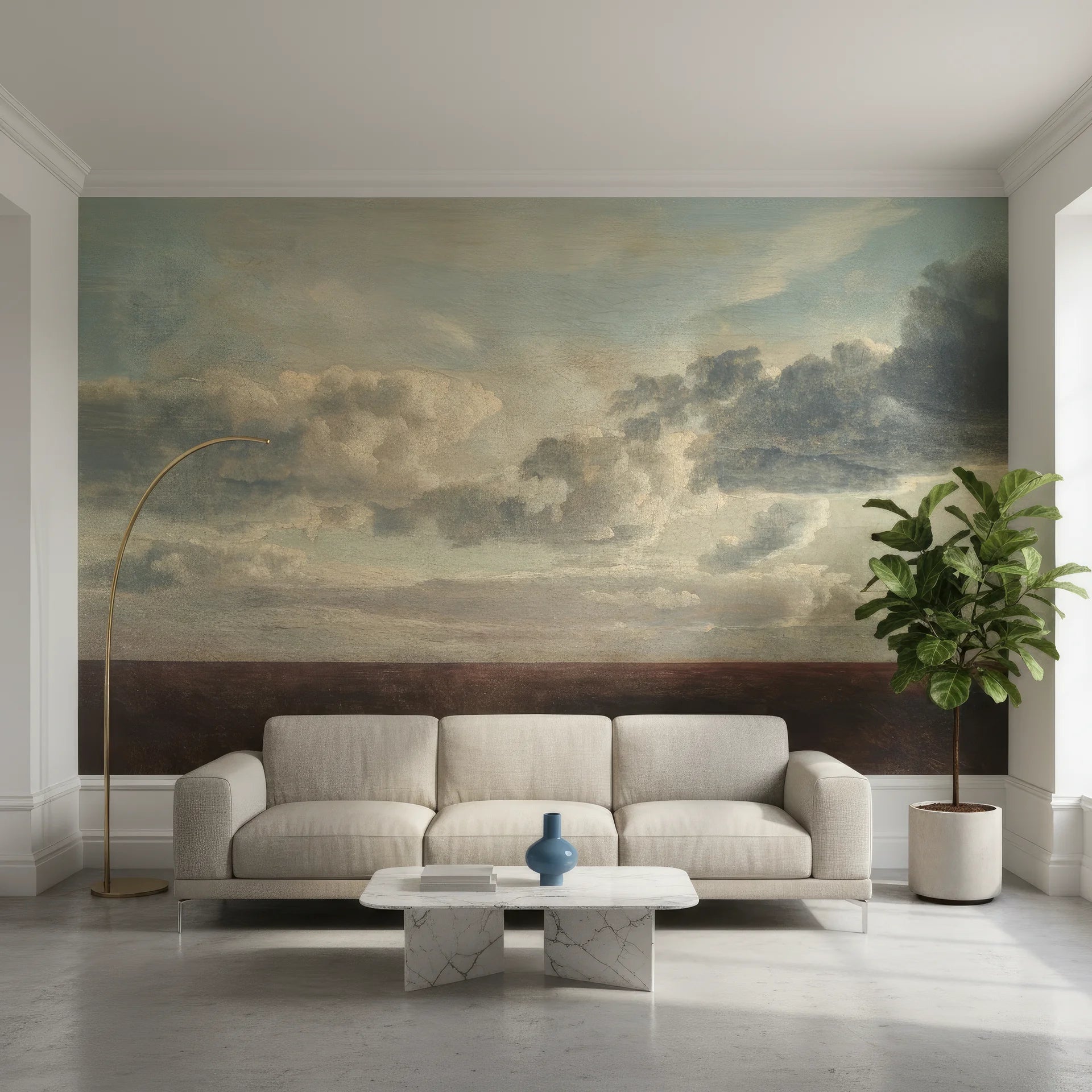 Shaded Grove cloudscape mural wallpaper in sage and cream tones on modern living room accent wall