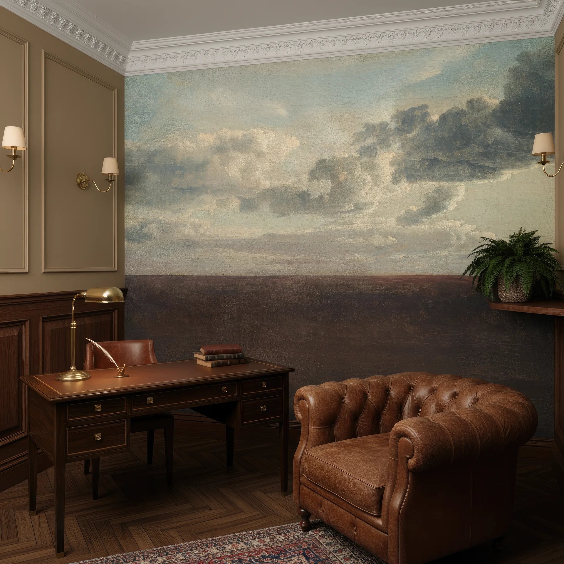 Shaded Grove cloud mural wallpaper in traditional study with ornate molding and antique furnishings