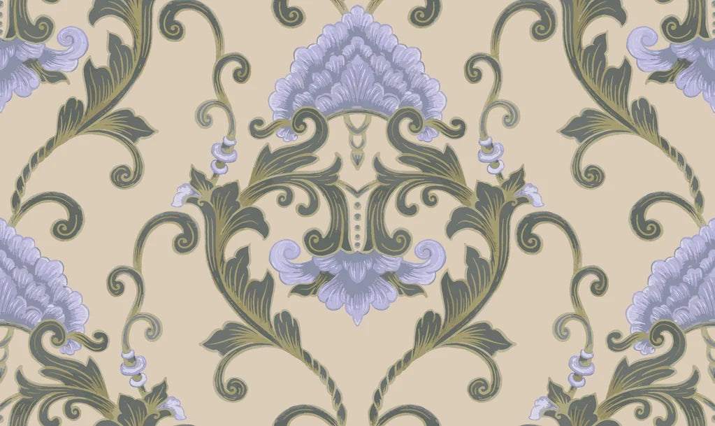 Shaded Meadow Muse lavender purple & green classic damask wallpaper