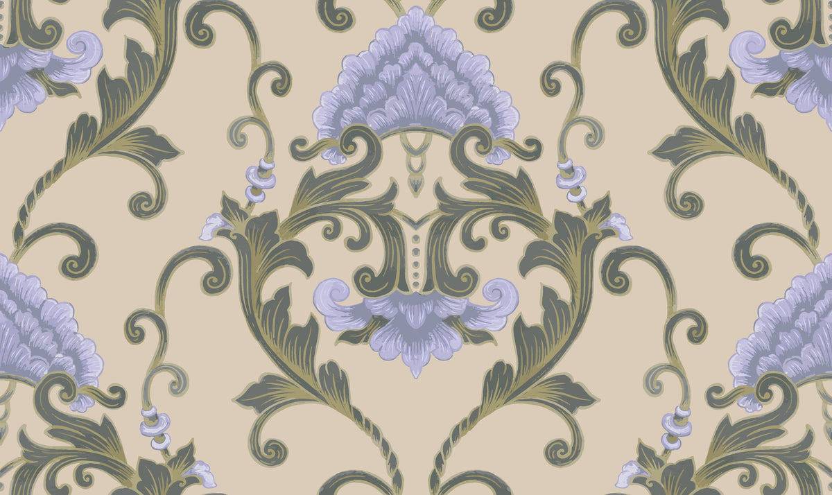 Shaded Meadow Muse lavender purple & green classic damask wallpaper