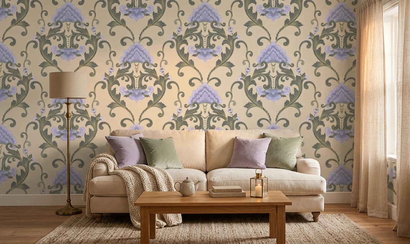 Shaded Meadow Muse lavender purple & green classic damask wallpaper in a warm and inviting living room