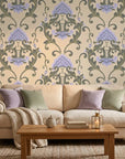 Shaded Meadow Muse lavender purple & green classic damask wallpaper in a warm and inviting living room