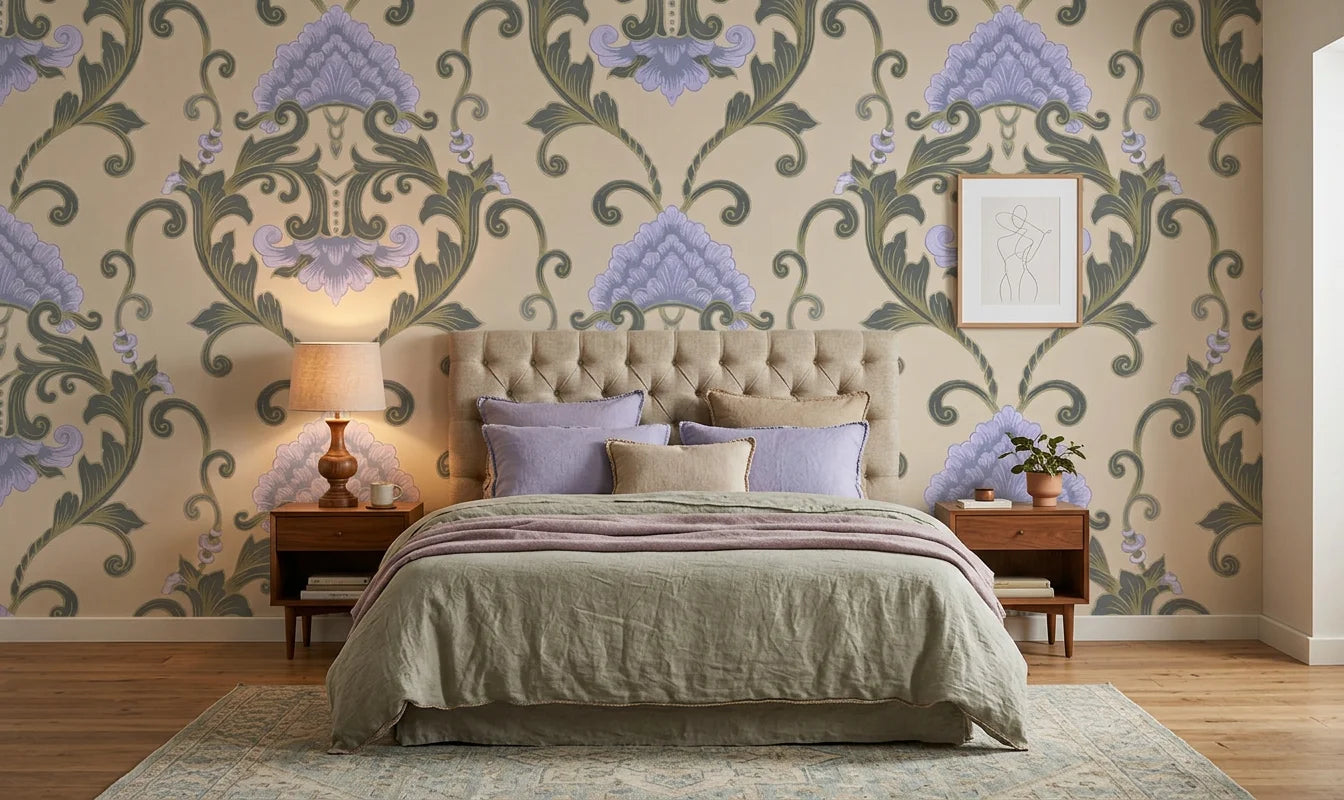 Shaded Meadow Muse lavender purple & green classic damask wallpaper adding character to a cozy bedroom