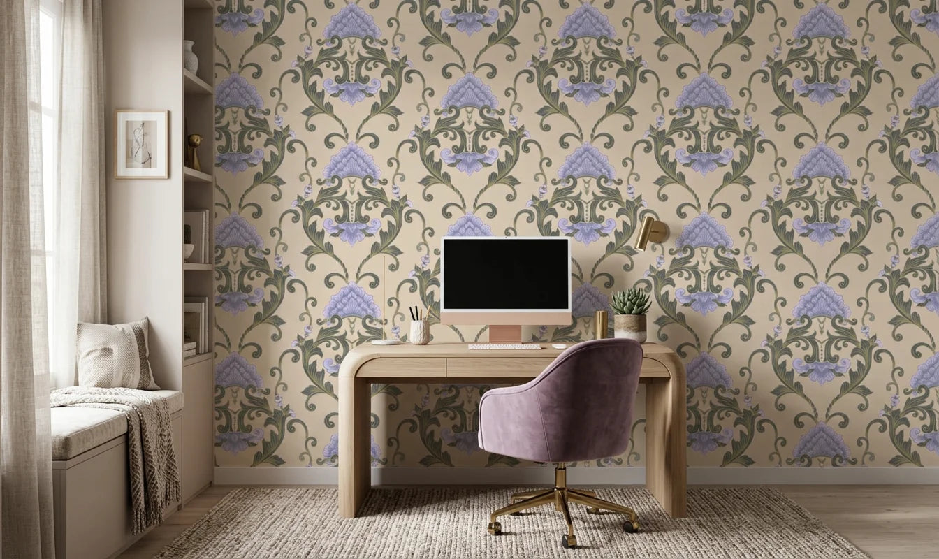 Shaded Meadow Muse lavender purple & green classic damask wallpaper as a feature wall in a bright home office