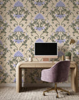 Shaded Meadow Muse lavender purple & green classic damask wallpaper as a feature wall in a bright home office