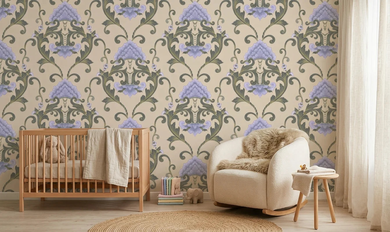 Shaded Meadow Muse lavender purple & green classic damask wallpaper creating ambiance in a serene bathroom