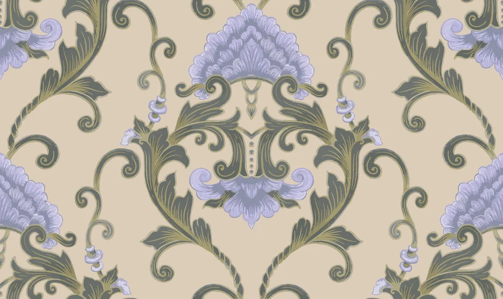 Victorian damask wallpaper with lavender florals and sage scrollwork on cream background in Shaded Meadow Muse pattern
