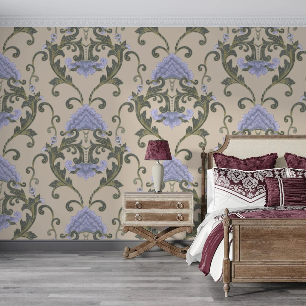 Lavender and sage damask Shaded Meadow Muse wallpaper on elegant bedroom accent wall with ornate scrollwork