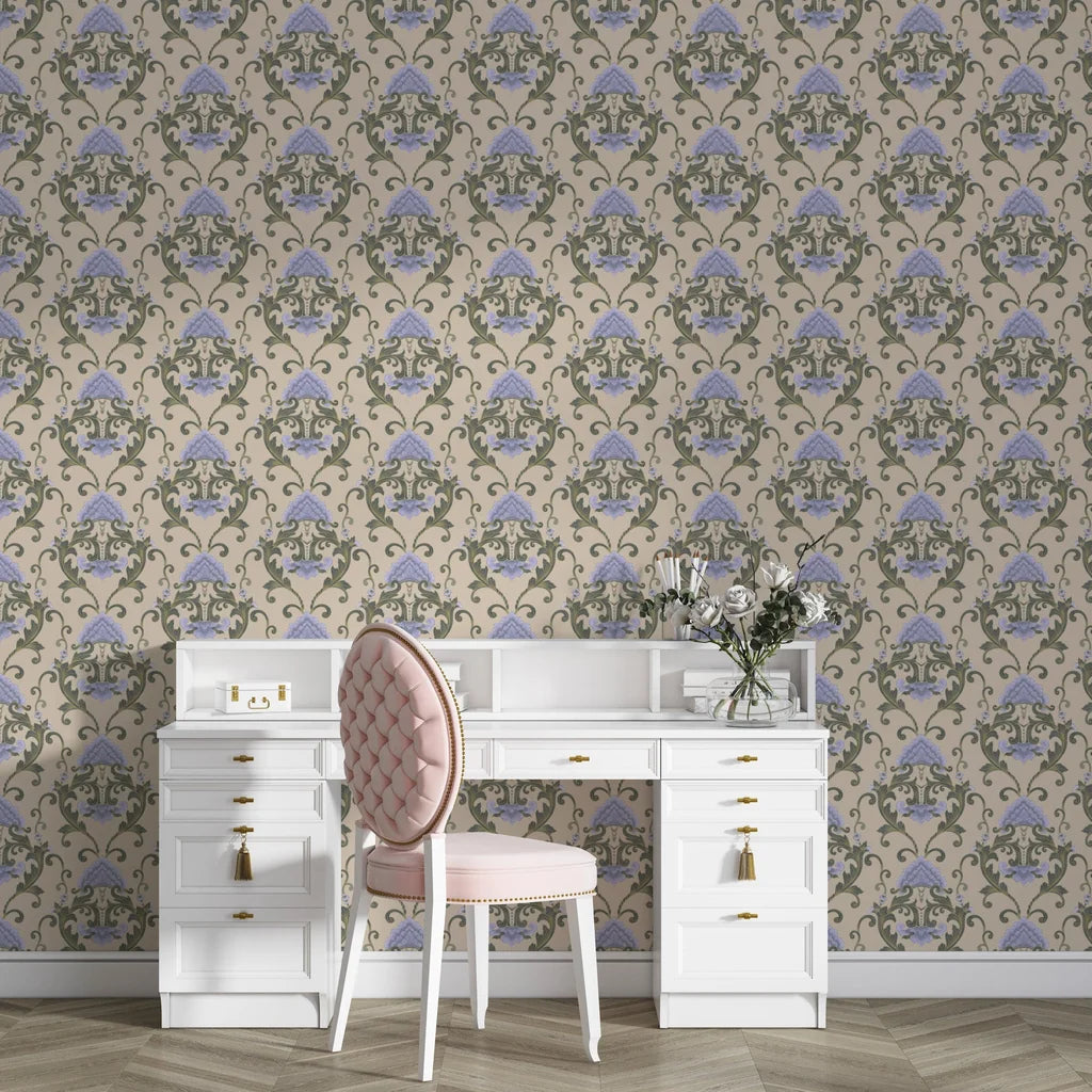 Lavender and sage damask Shaded Meadow Muse wallpaper in elegant home office with white desk