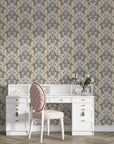 Lavender and sage damask Shaded Meadow Muse wallpaper in elegant home office with white desk