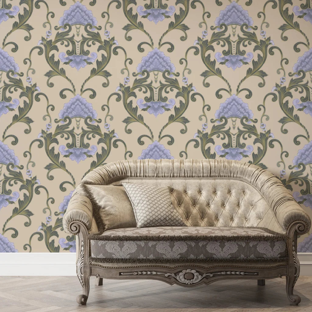 Shaded Meadow Muse removable wallpaper with lavender damask florals on vintage champagne background behind tufted sofa