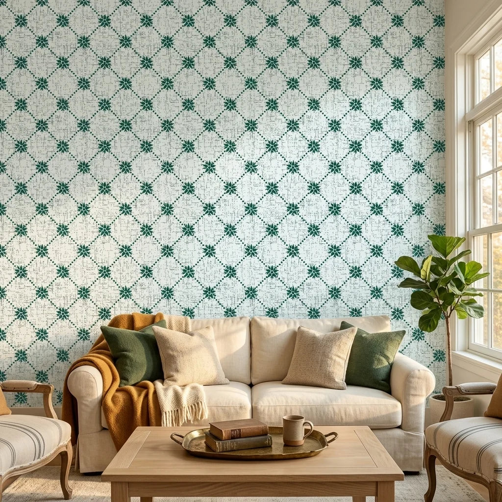 Shadow Garden green floral peel and stick wallpaper in a warm and inviting living room