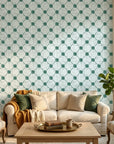 Shadow Garden green floral peel and stick wallpaper in a warm and inviting living room