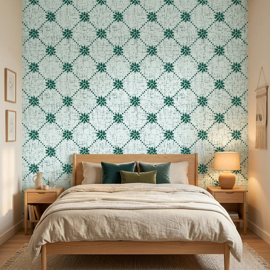 Shadow Garden green floral peel and stick wallpaper adding character to a cozy bedroom