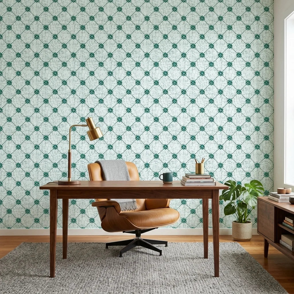 Shadow Garden green floral peel and stick wallpaper as a feature wall in a bright home office